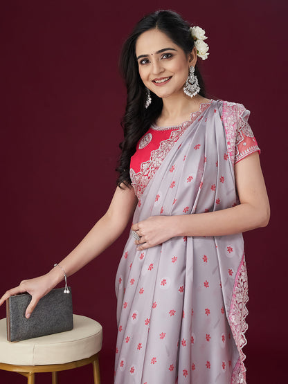 Dhiyona KS Women's Floral Printed Sequin Embellished Satin Saree