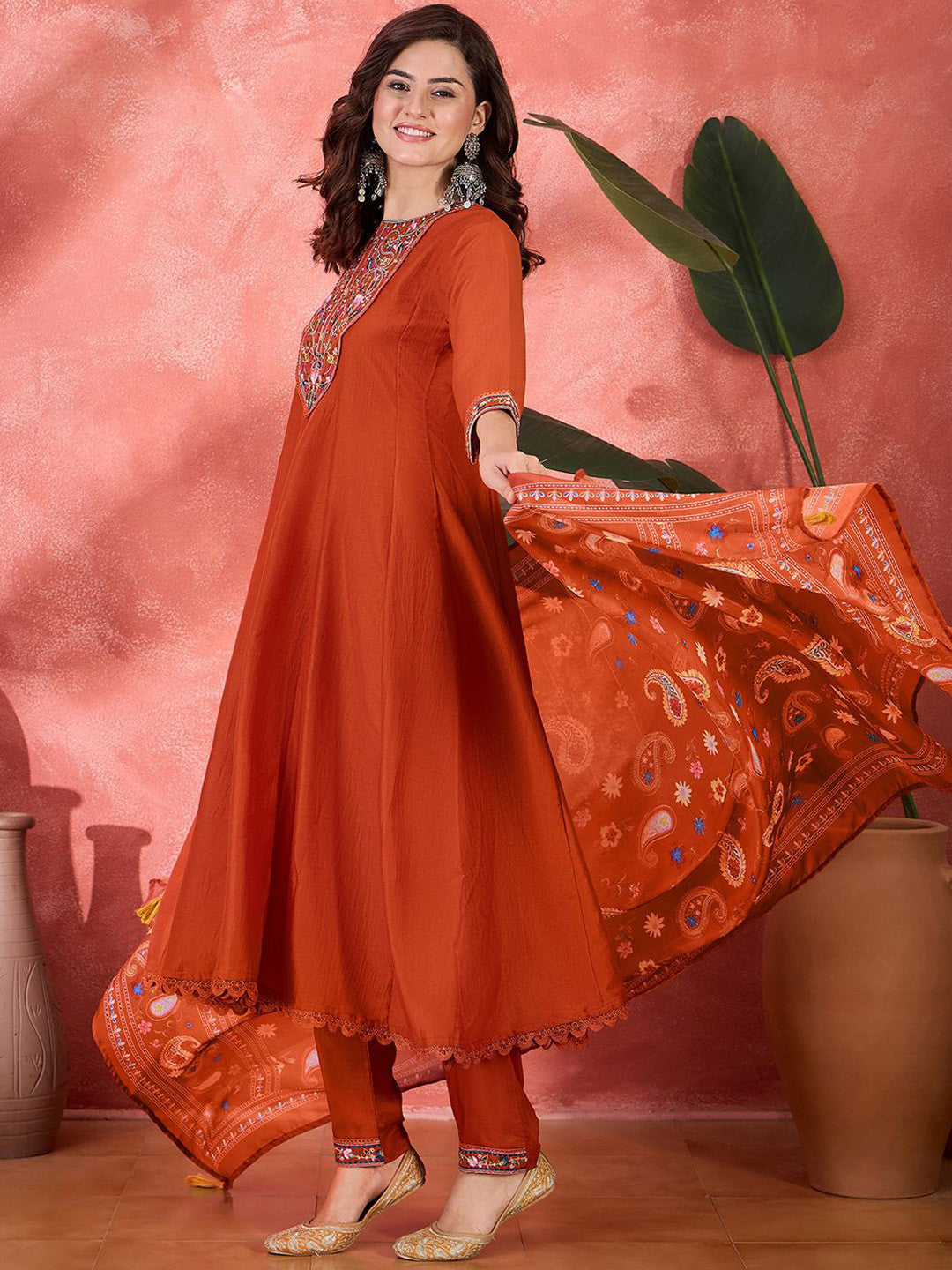 Floral Yoke Design Panelled Thread Work Anarkali Kurta With Trouser & Dupatta
