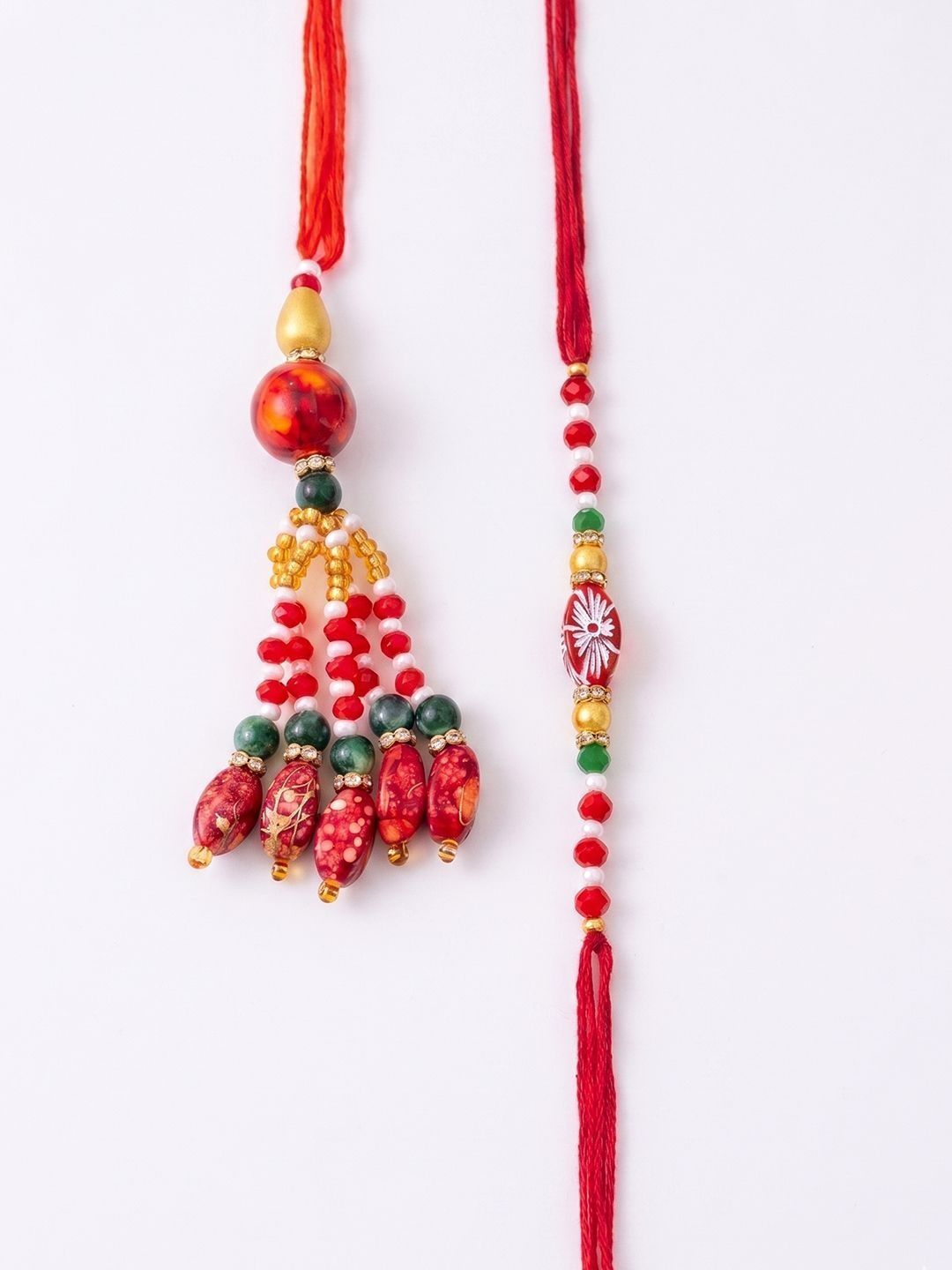 Dhiyona Set Of 2 Designer Red Artificial Beads Bhaiya Bhabhi Rakhi With Roli Chawal Chandan