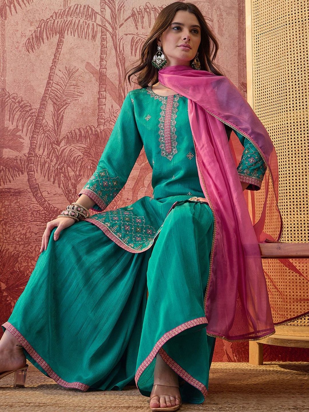 Dhiyona SN Embroidered Round Neck Kurta Sharara & Dupatta