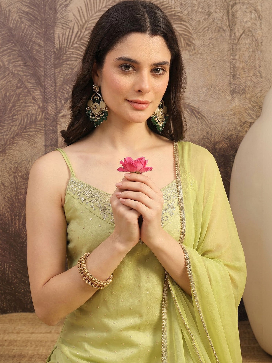 Embroidered Silk Blend Round Neck Kurta & Pyjamas With Dupatta