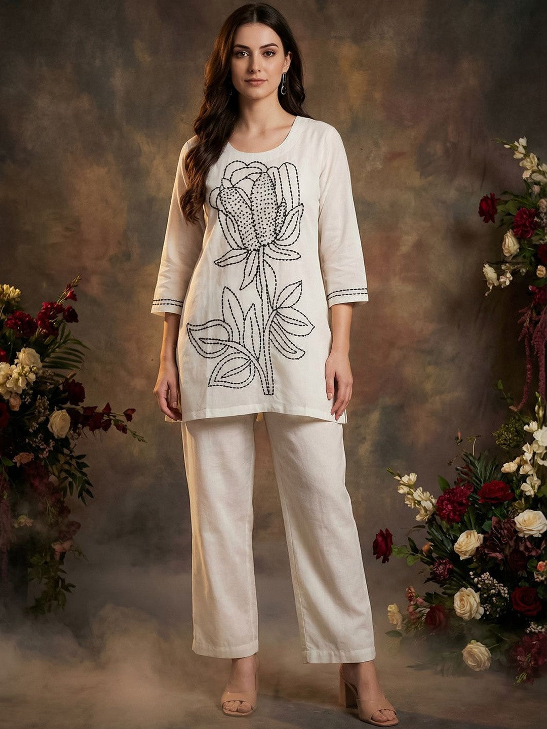 Women Floral Embroidered Regular Thread Work Pure Cotton Kurta with Palazzos