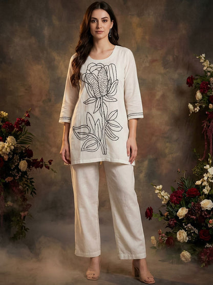 Women Floral Embroidered Regular Thread Work Pure Cotton Kurta with Palazzos