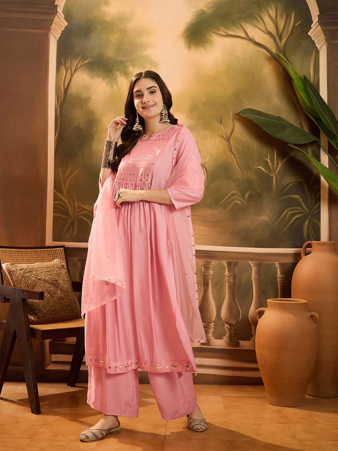 Dhiyona SN Notch Neck Sequinned Empire A-Line Kurta & Palazzo With Dupatta