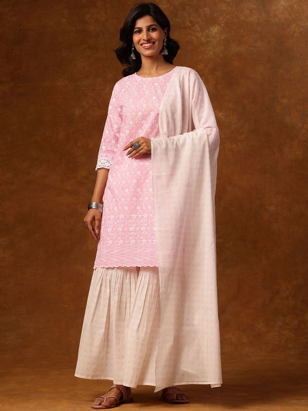 Dhiyona AN Ethnic Motifs Embroidered Round Neck Straight Kurta with Sharara & Dupatta