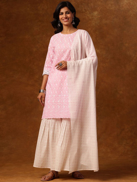 Dhiyona AN Ethnic Motifs Embroidered Round Neck Straight Kurta with Sharara & Dupatta