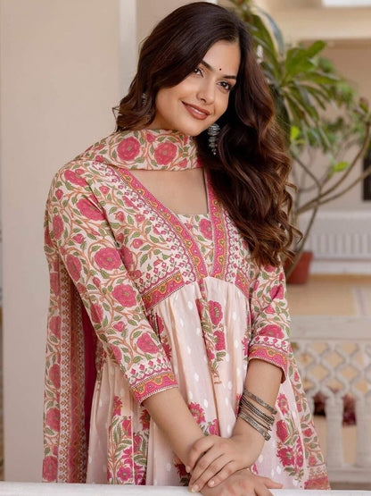 Printed Pure Cotton V-Neck A-Line Kurta & Trousers With Dupatta