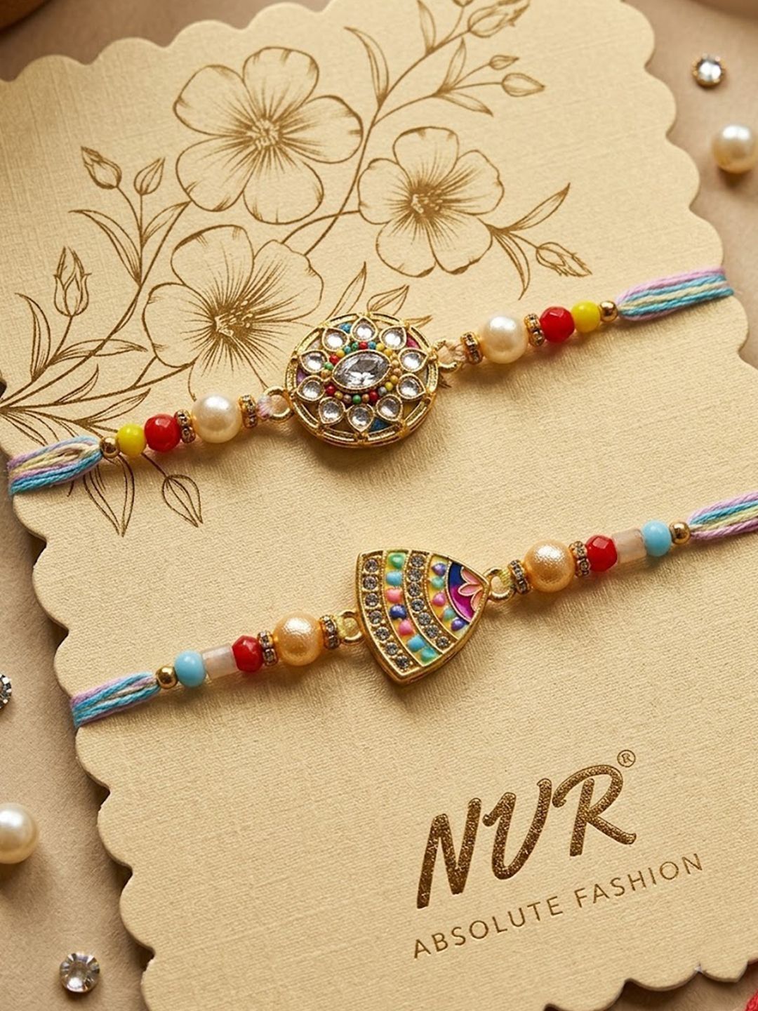 Anouk Set Of 2 Gold Toned Artificial Stones & Beads Thread Rakhi With Roli Chawal Chandan
