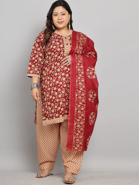 Dhiyona KL Floral Printed V-Neck Straight Kurta With Salwar & Dupatta