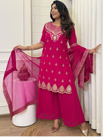 Dhiyona KL Ethnic Motifs Embroidered Sequinned Georgette Straight Kurta With Sharara & Dupatta