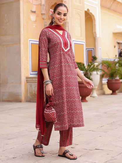 Dhiyona RR Women's Ethnic Motifs Printed Regular Pure Cotton Kurta with Trousers & With Dupatta