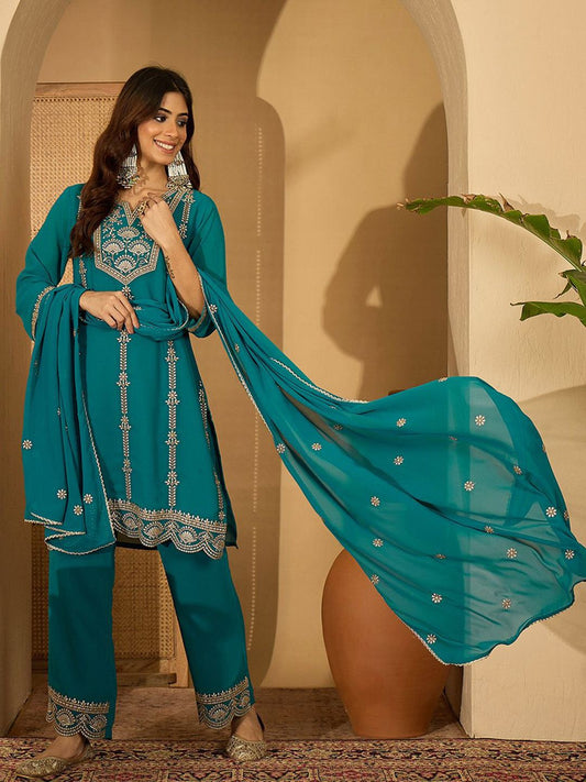 Dhiyona SN Zari Sequence Thread Embroidered Straight Kurta With Palazzos & Dupatta
