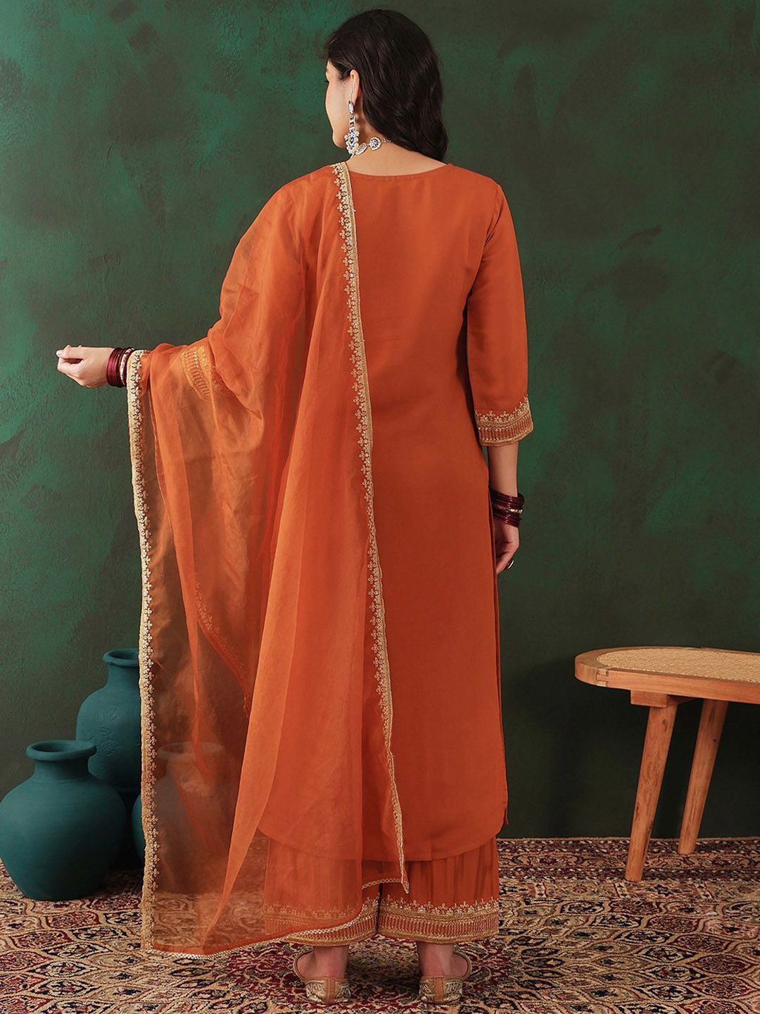 Dhiyona SN Women's Floral Embroidered Zari Straight Kurta & Trouser With Dupatta