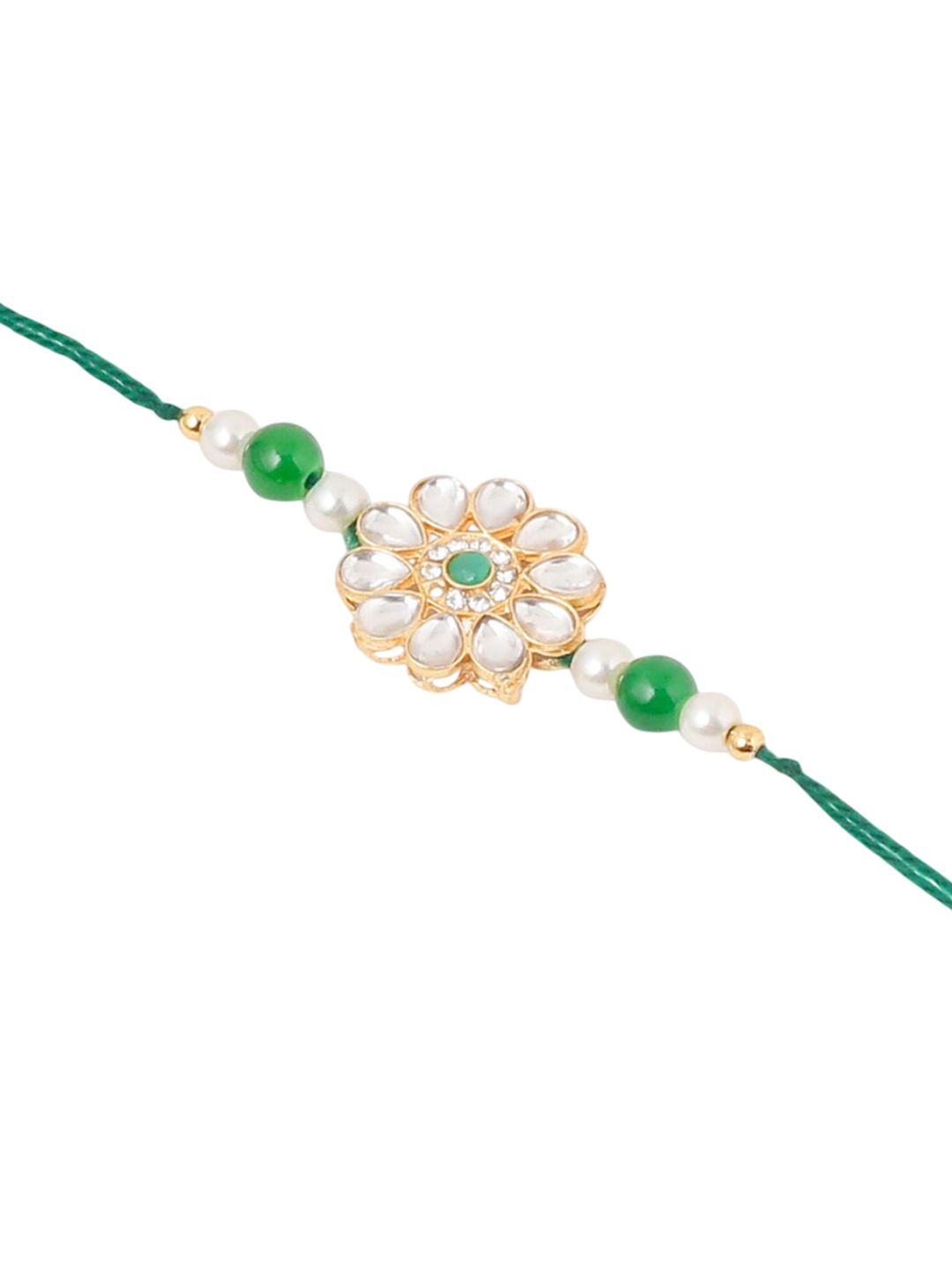 Dhiyona Set Of 2 Kundan Floral Design Gold Toned Bhaiya Bhabhi Rakhi Set With Roli Chawal