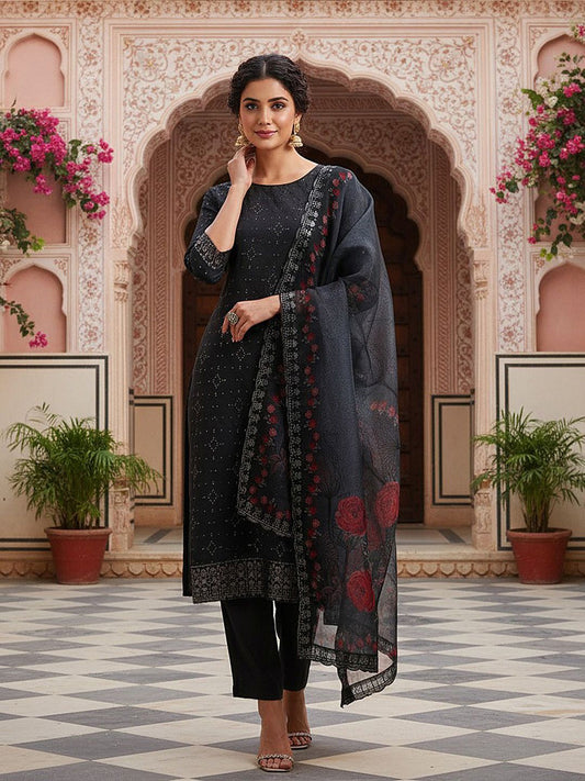 Dhiyona KL Floral Embroidered Sequinned Organza Straight Kurta With Trousers & Dupatta
