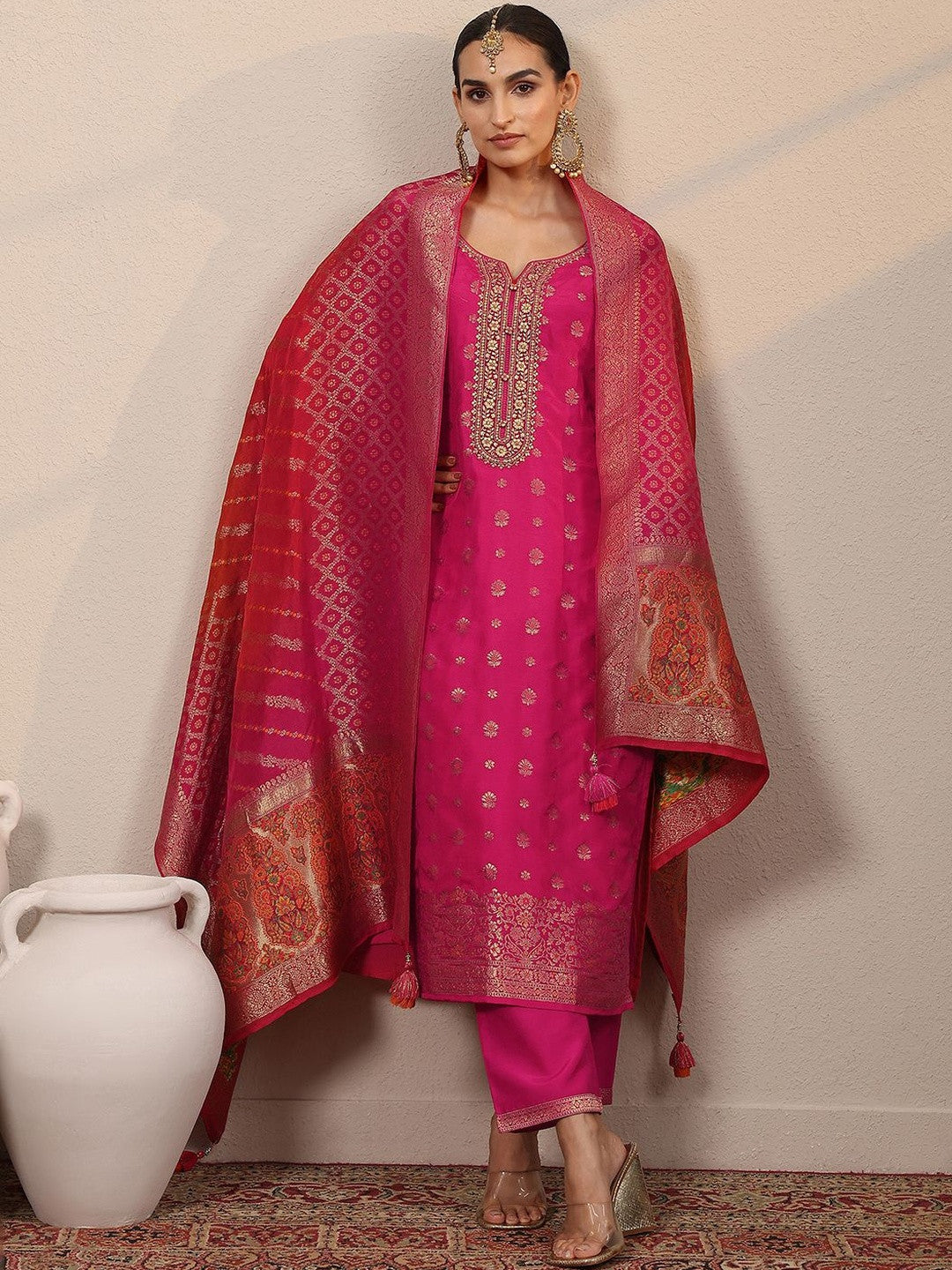 Women Ethnic Motif Woven Design Zari Straight Kurta with Trousers & Dupatta