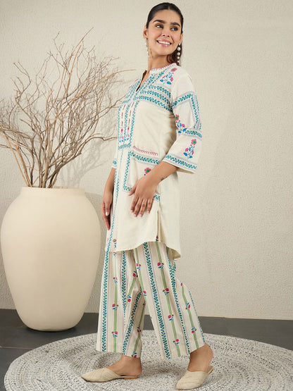 Ethnic Motifs Printed Thread Work Pure Cotton Kurta With Trouser