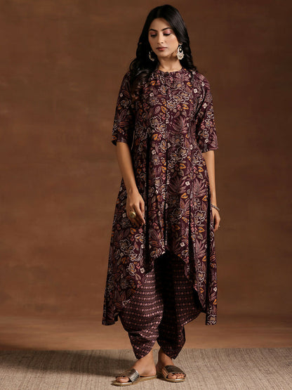 Women's LB Wine Printed Silk Blend A-line Kurta With Salwar