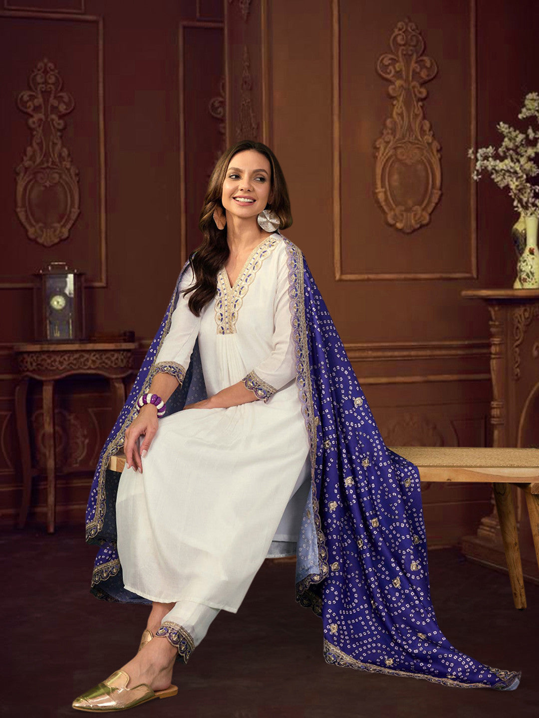 Dhiyona SN Floral Yoke Design V-Neck Pleated Sequinned Straight Kurta With Trouser & Dupatta