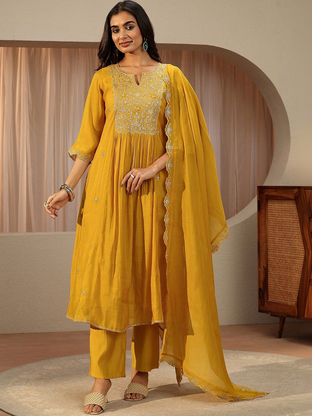 Yellow Embroidered Chanderi Cotton A-line Suit Set