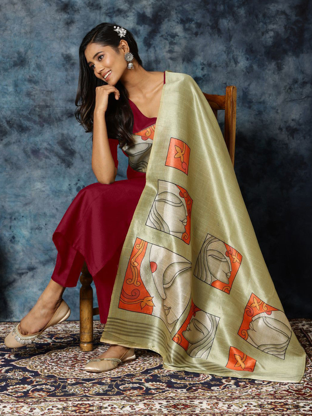 Women Straight Cotton Blend Digital Print Kurta Pant With Assam Silk Dupatta