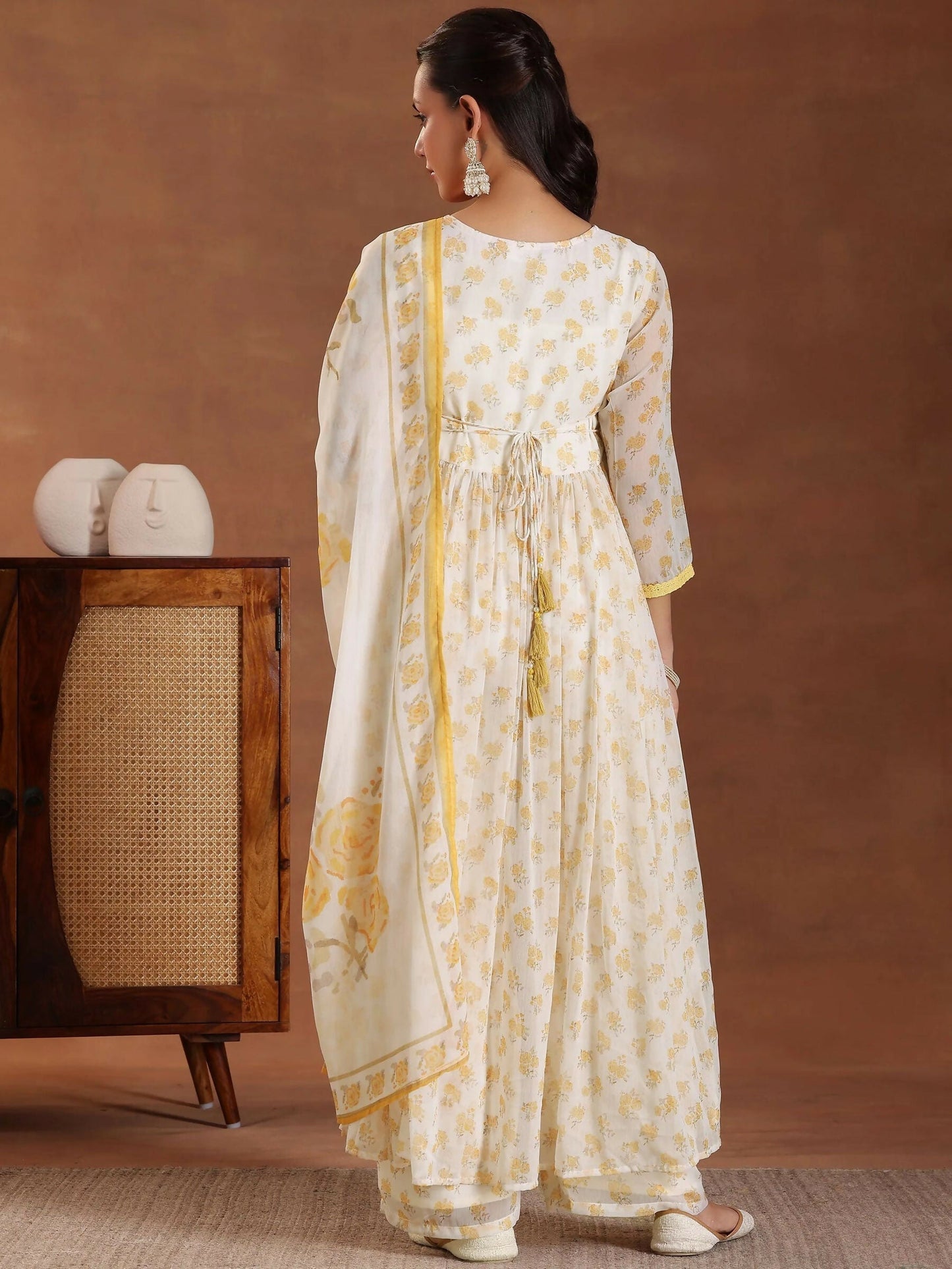 Women's LB Off white Printed Poly Chiffon A-Line Kurta With Sharara & Dupatta