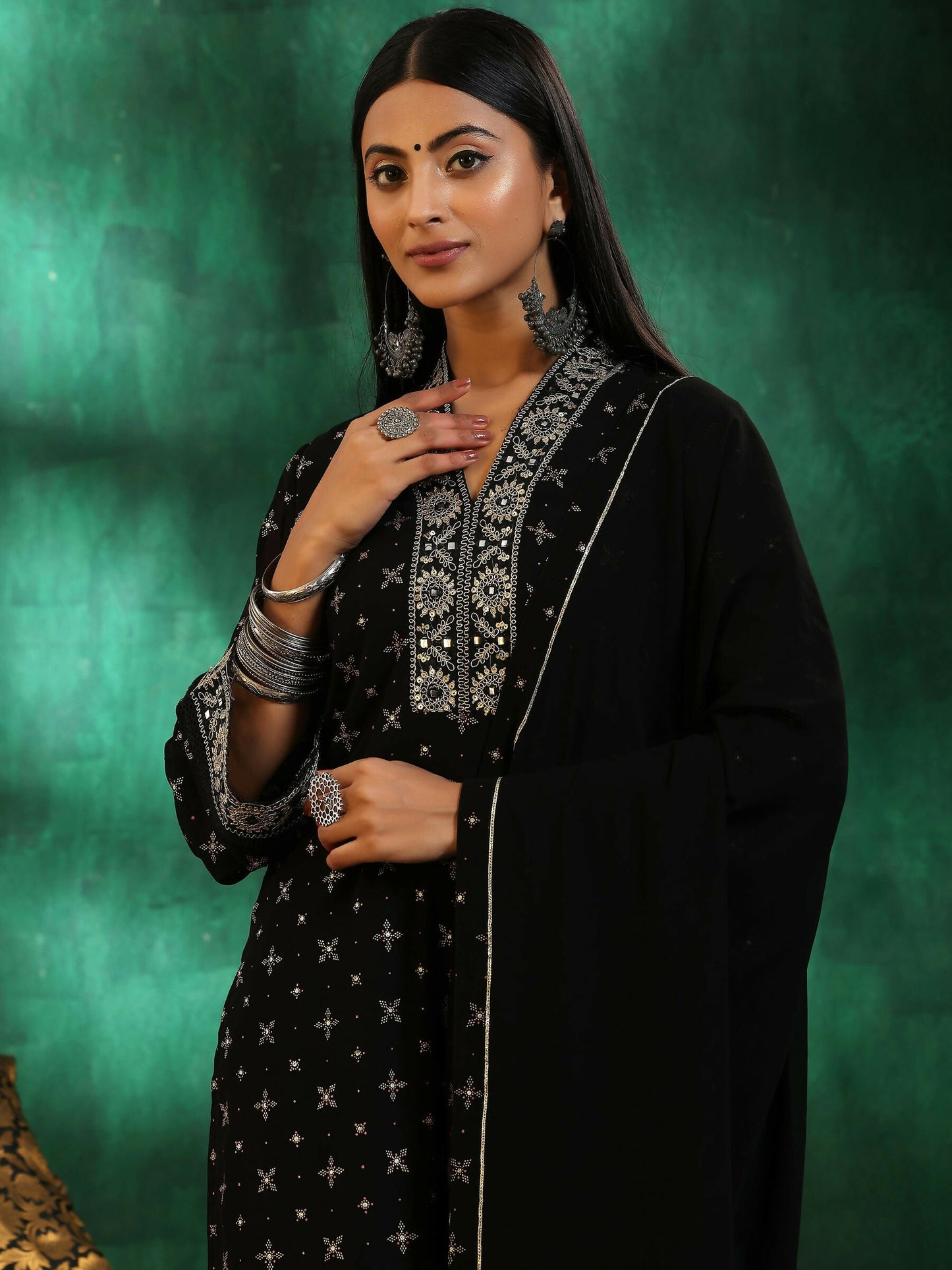 Women's LB Black Printed Georgette Straight Suit With Dupatta