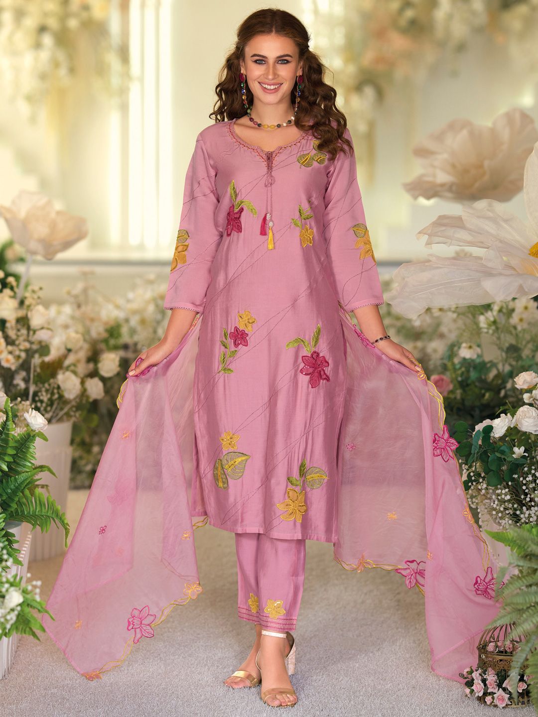 Dhiyona IE Floral Embroidered Tie-Up Neck Kurta With Trousers & Dupatta