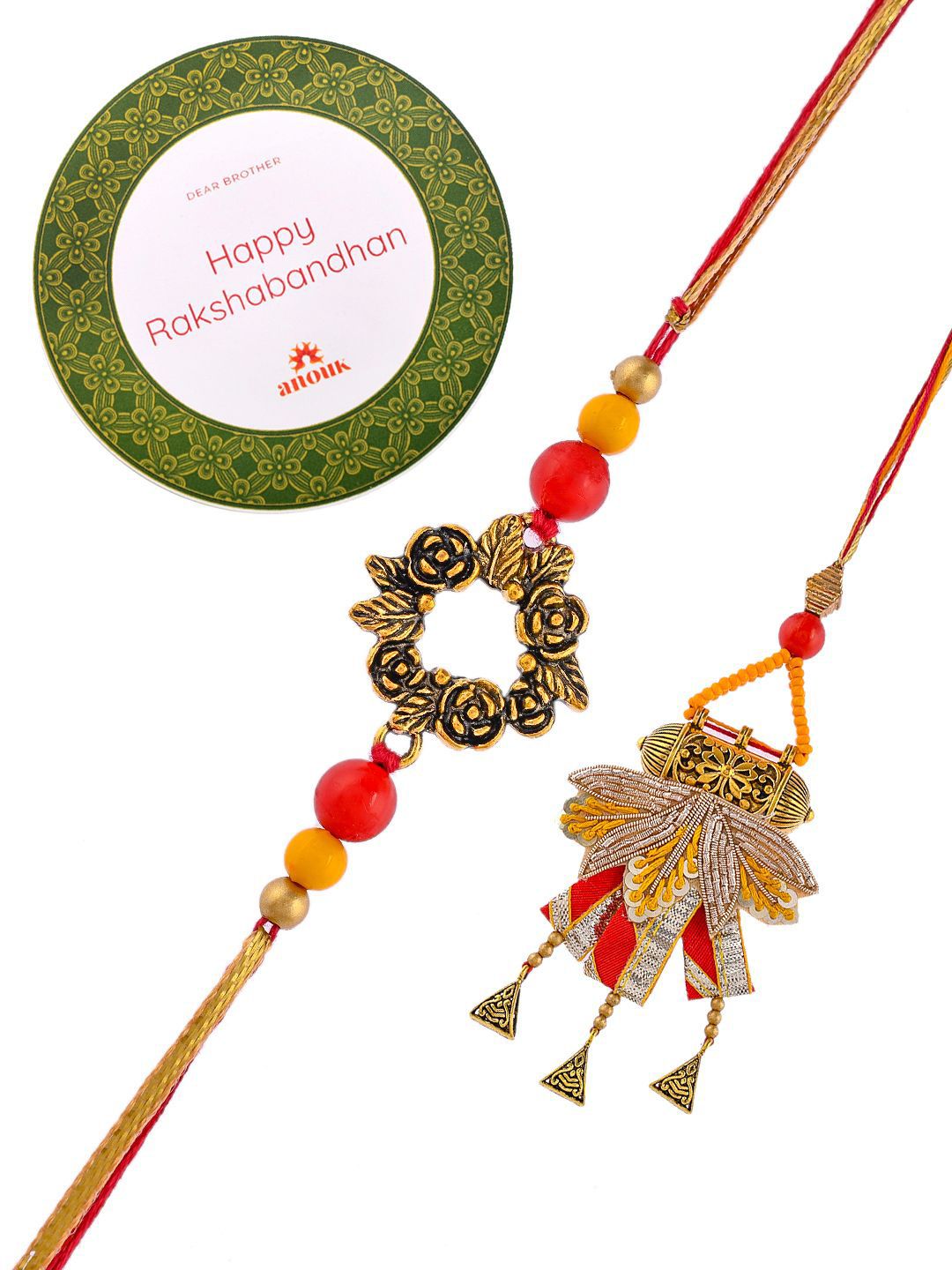 Dhiyona Orange Beaded Bhaiya Bhabhi Rakhis With Roli Chawal & Greeting Card