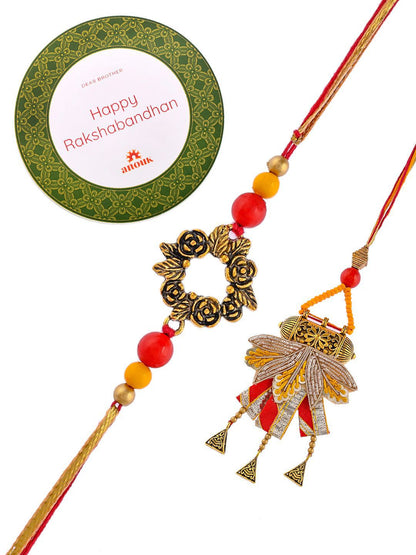 Dhiyona Orange Beaded Bhaiya Bhabhi Rakhis With Roli Chawal & Greeting Card