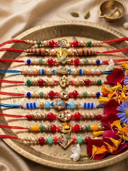 Dhiyona Set Of 10 Artificial Stones & Beads Thread Rakhi With Roli Chawal Chandan Mishri