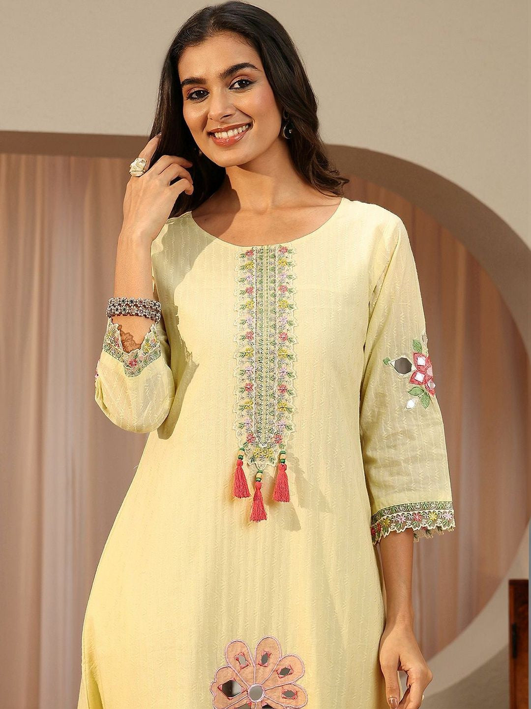 Off White Floral Embroidered Cotton A-line Suit Set