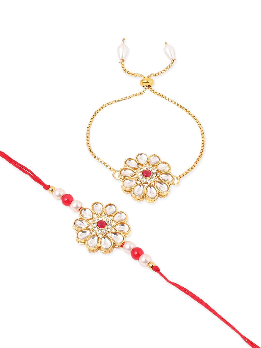 Dhiyona Set Of 2 Gold Toned Kundan Floral Design Bhaiya Bhabhi Rakhi Set With Roli Chawal