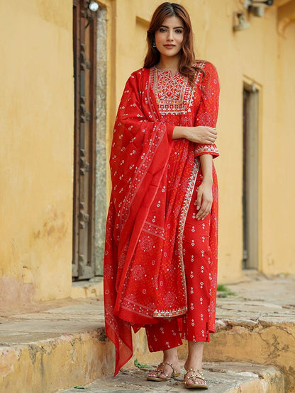 Dhiyona KL Bandhani Printed Thread Work Pure Cotton A-Line Kurta With Trousers & Dupatta