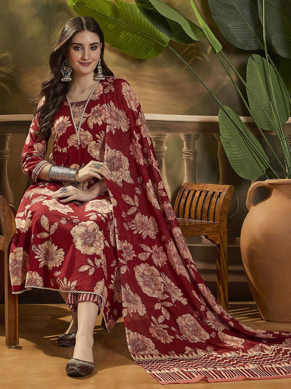 Floral Printed Pure Cotton Anarkali Kurta With Trouser & Dupatta