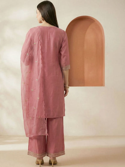 Dhiyona IE Women Ethnic Motifs Embroidered Regular Thread Work Kurta with Palazzos & With Dupatta