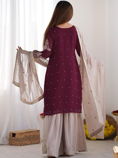 Dhiyona KL Women Embroidered Regular Sequinned Kurta with Sharara & With Dupatta