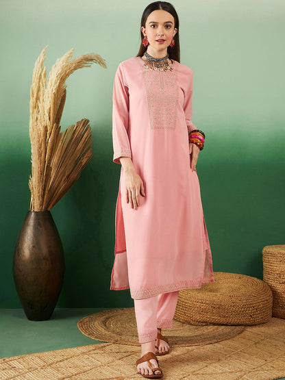 Embroidered Straight Kurta & Trousers