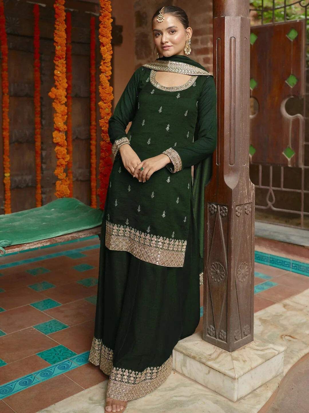 Women's LB Green Embroidered Silk Blend Straight Suit With Dupatta