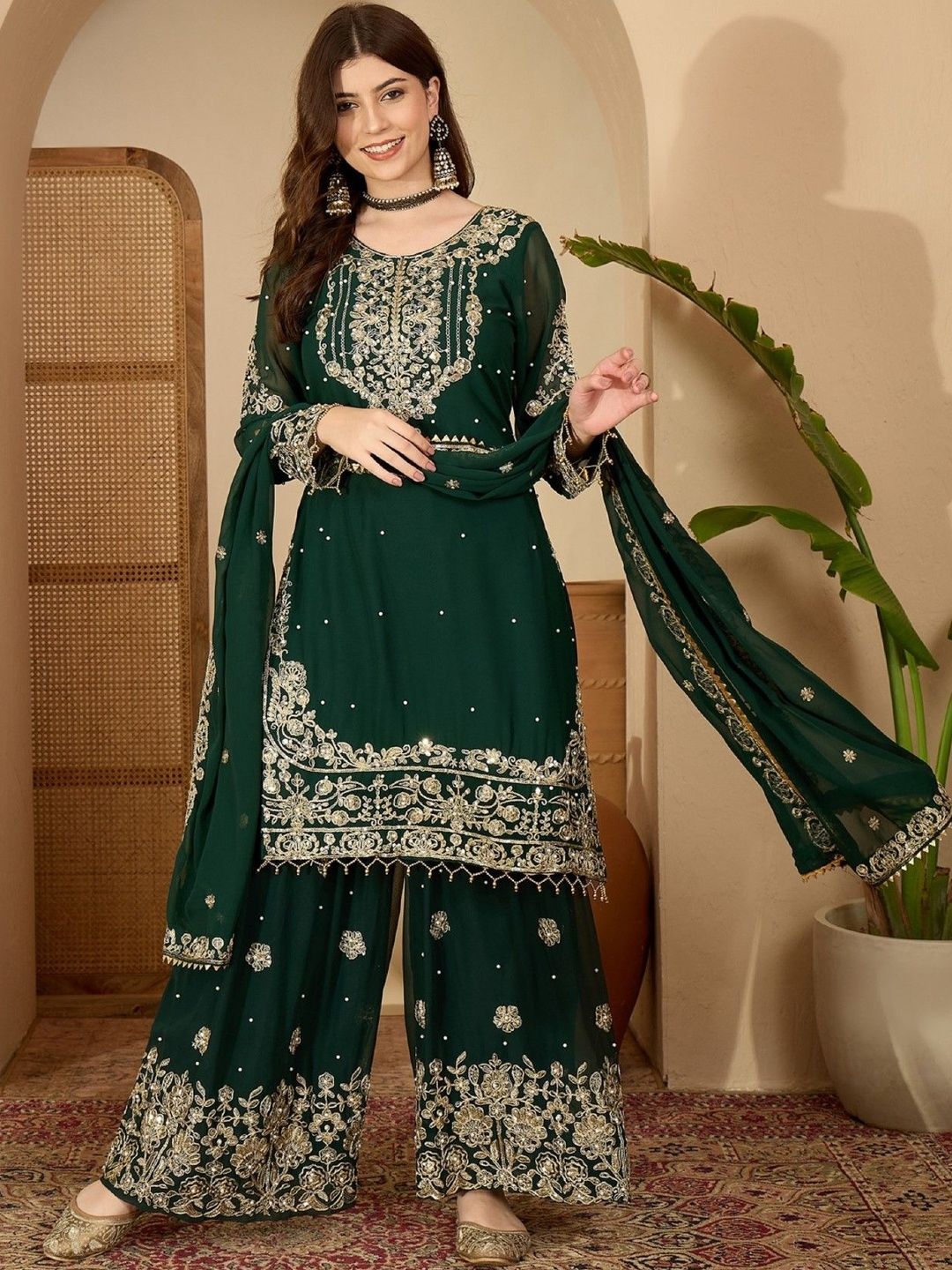 Dhiyona SN Women Floral Embroidered Thread Work Georgette Kurta With Sharara & Dupatta