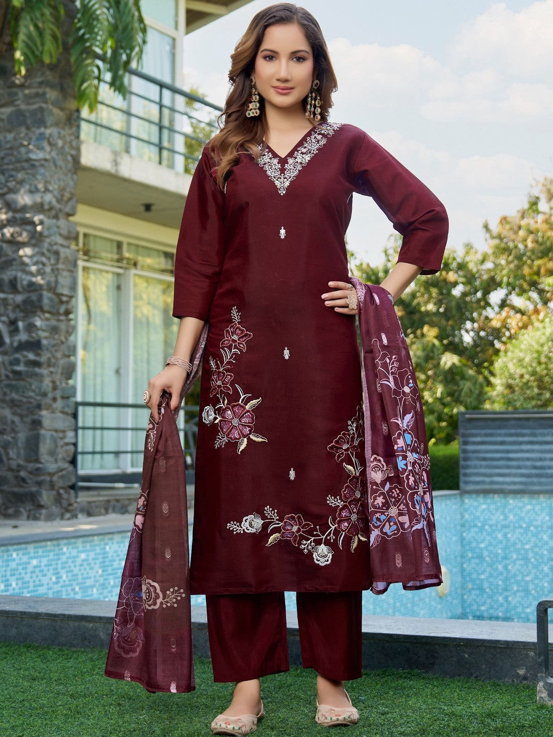 Embroidered V-Neck Kurta & Trousers With Dupatta