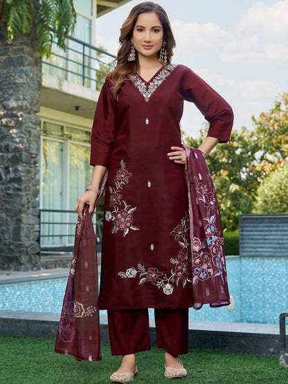 Embroidered V-Neck Kurta & Trousers With Dupatta