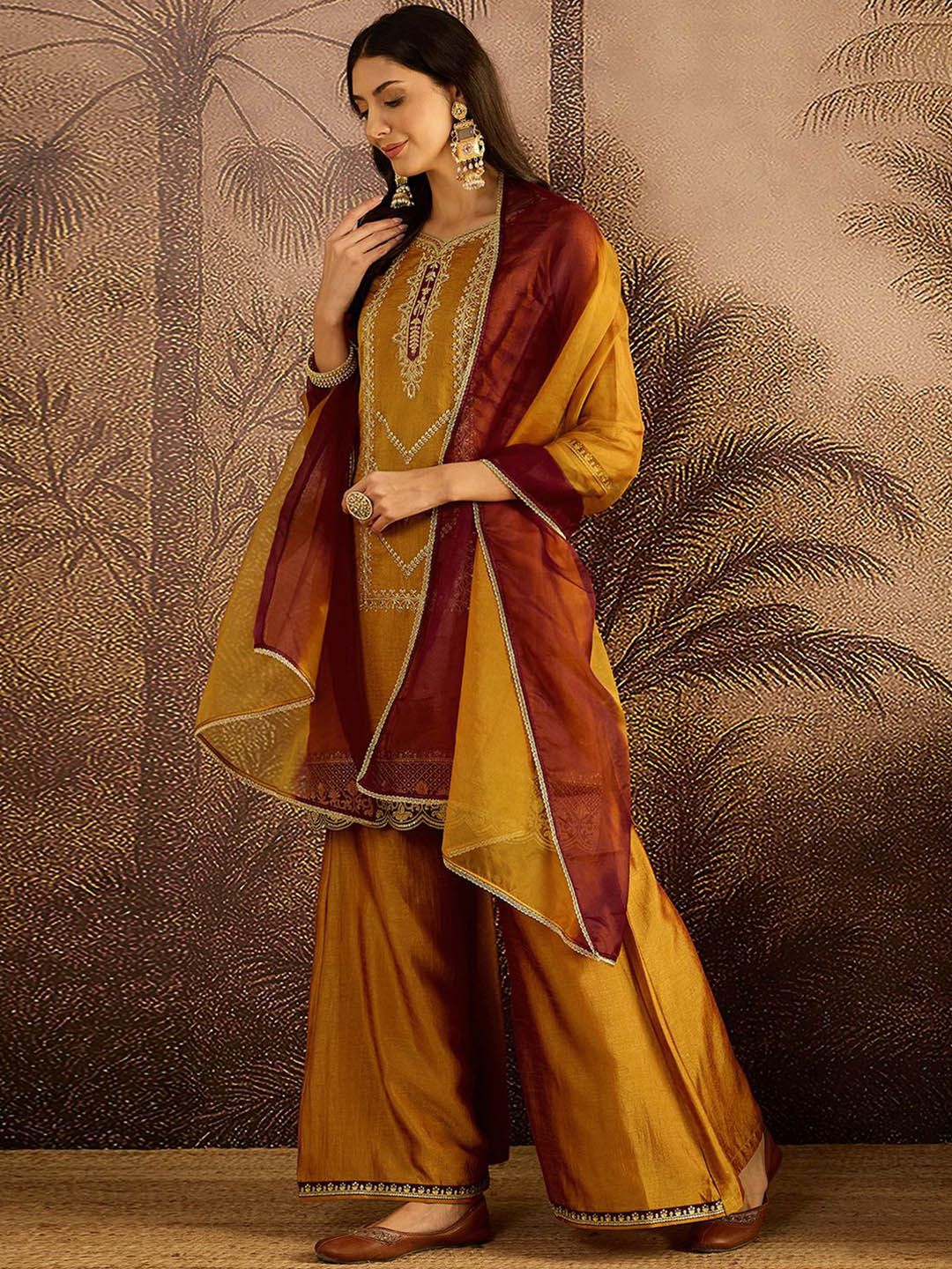 Dhiyona SN Embroidered Zari Sequence Thread Work Straight Kurta With Palazzos & Dupatta
