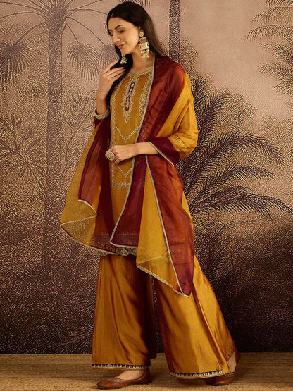 Dhiyona SN Embroidered Zari Sequence Thread Work Straight Kurta With Palazzos & Dupatta
