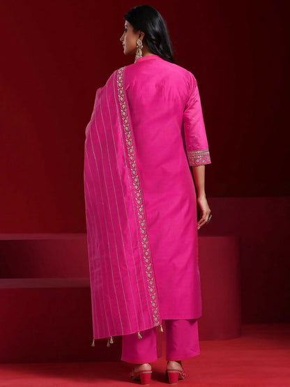 Women's LB Art Pink Yoke Design Chanderi Silk Straight Suit With Dupatta