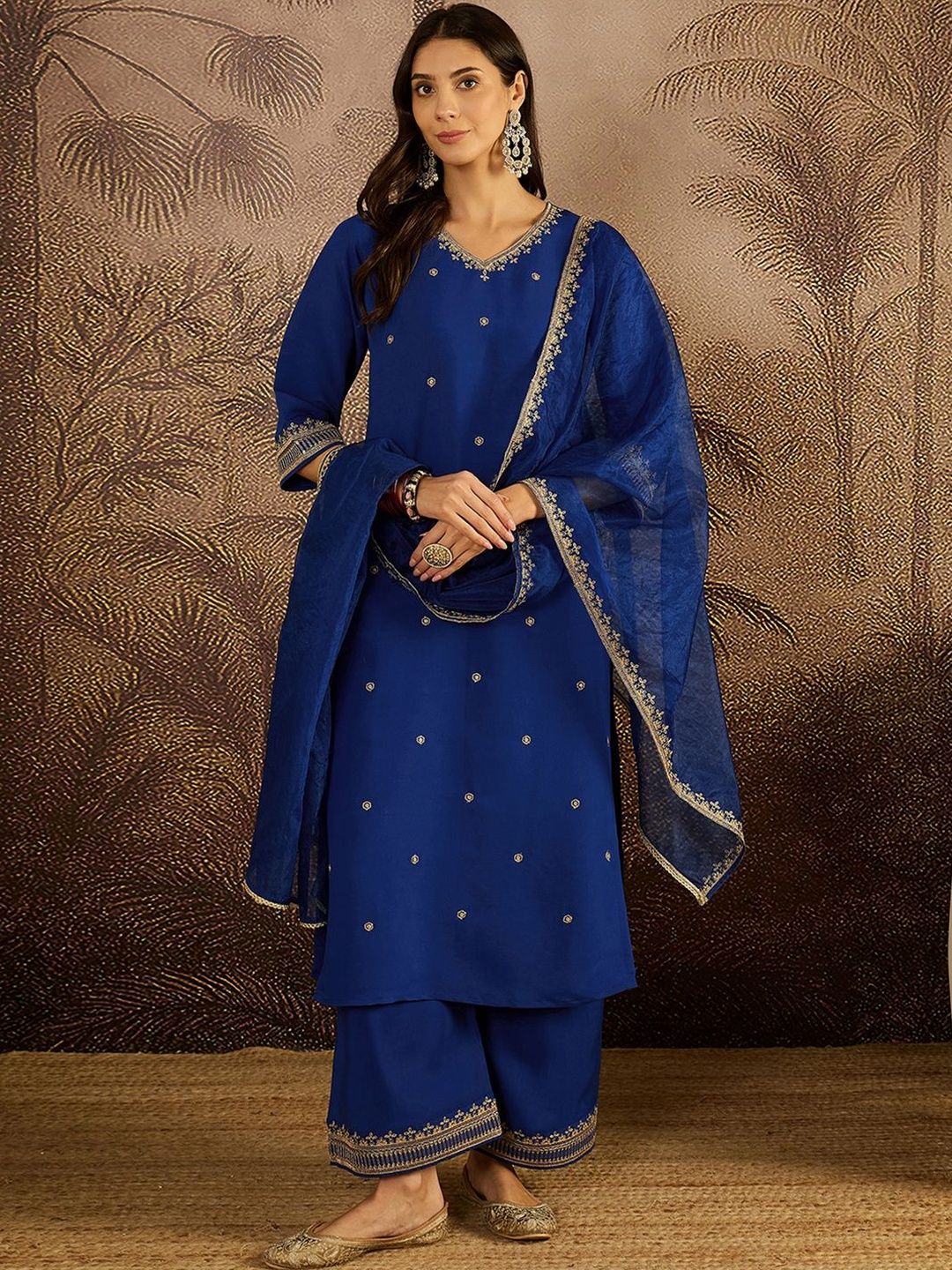 Dhiyona SN Embroidered Sequence Kurta & Palazzos with Dupatta Set