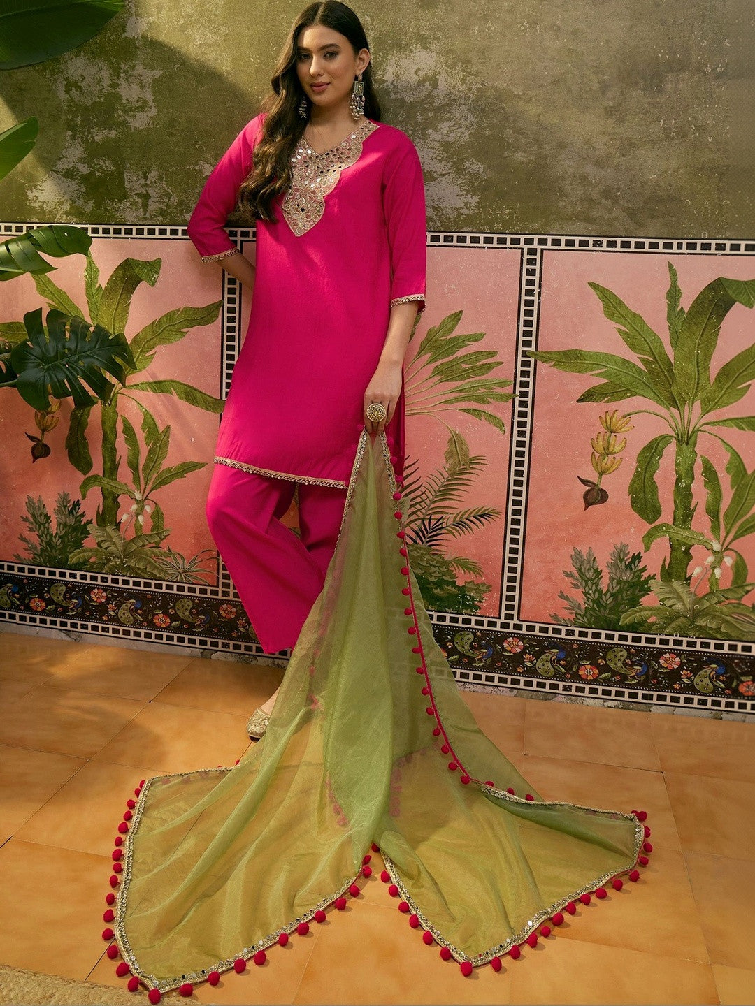 Women Regular Mirror Work Kurta with Palazzos & With Dupatta