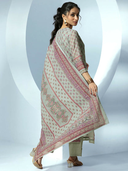 Women's LB Grey Printed Linen Straight Suit With Dupatta