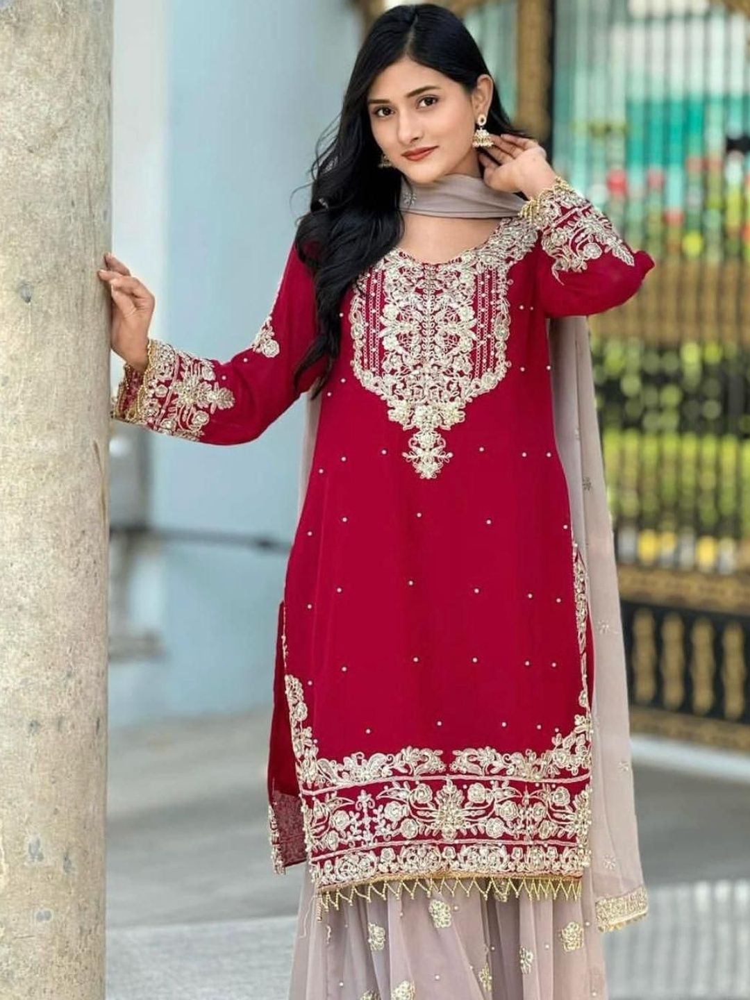 Dhiyona KL Women Embroidered Regular Sequinned Kurta with Sharara & With Dupatta