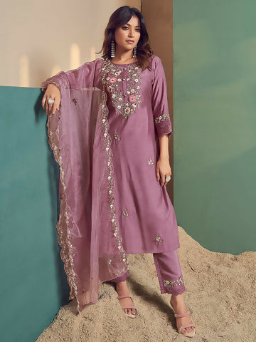 Women's Lavender Embroidered Straight Kurta Trousers With Dupatta Set